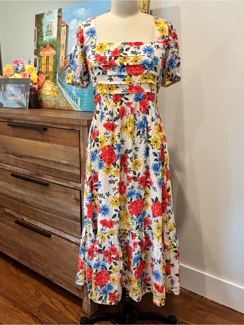 Lost + Wander White Midi Dress with Red, Yellow & Blue Floral Print